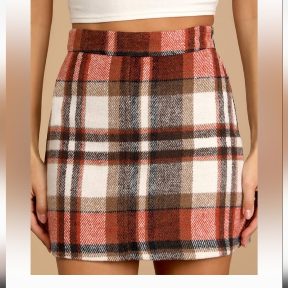 Lulus Mad For Plaid Cream & Orange Side Zip Lined Mini Skirt Size‎ Small